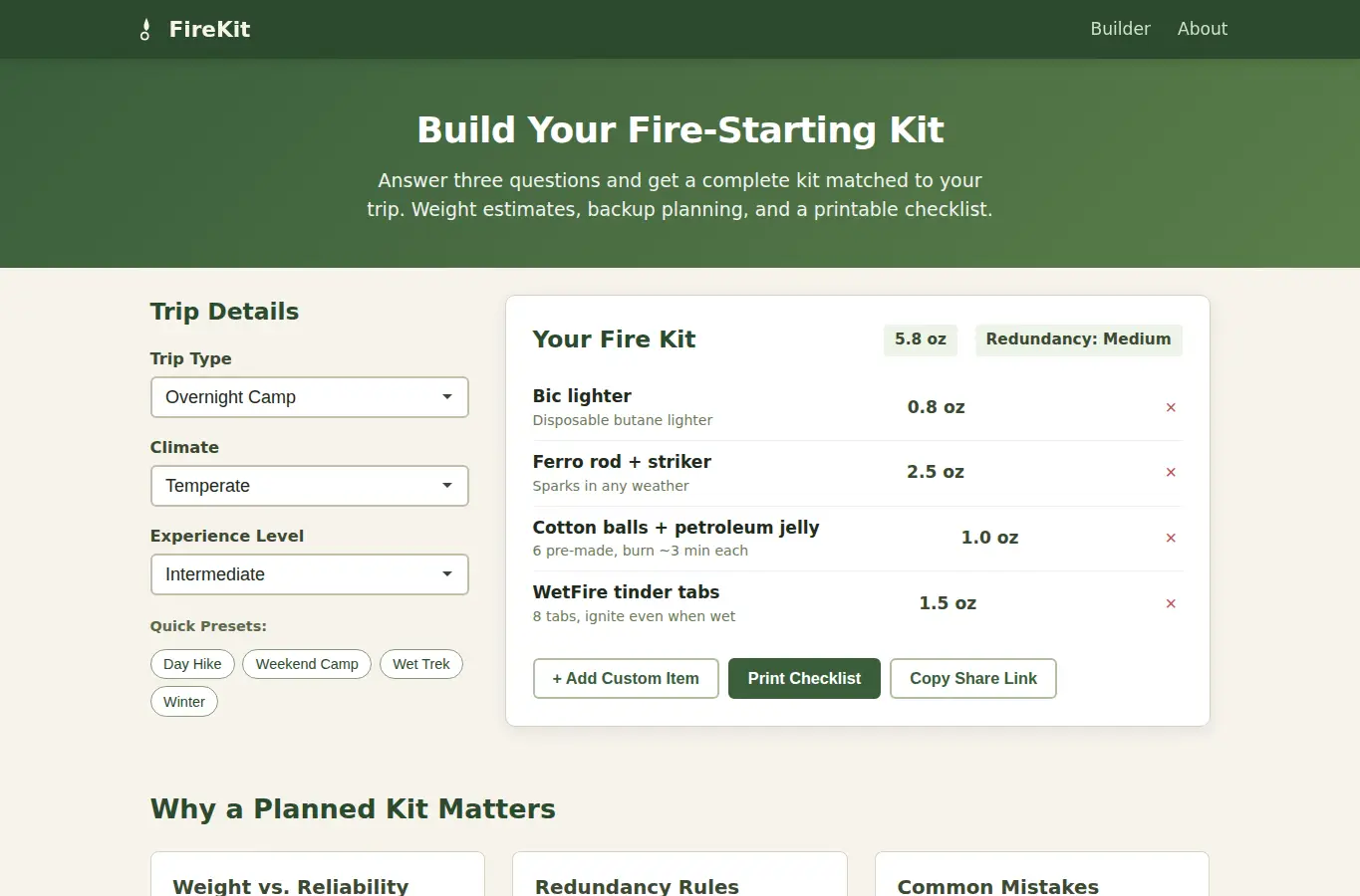 Screenshot of Outdoor Survival Fire Kit Builder interface showing the project page in use